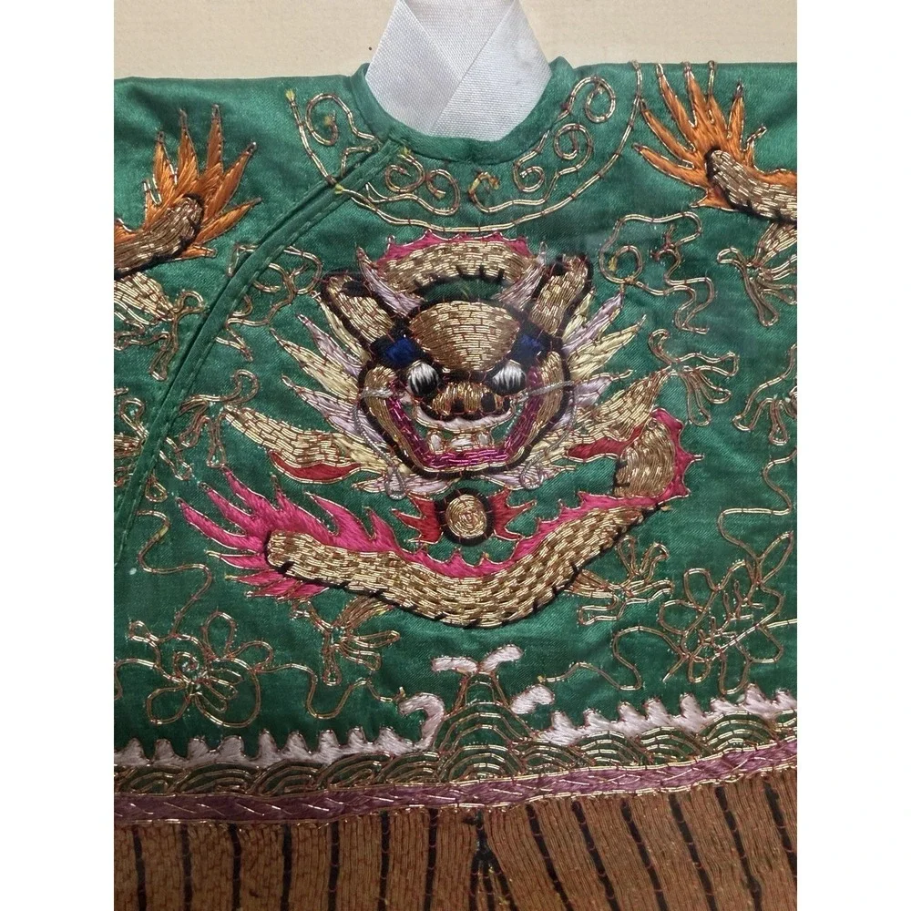 Framed Vintage Chinese Silk Embroidered Dragon Robe Wall Art Gold Thread Green